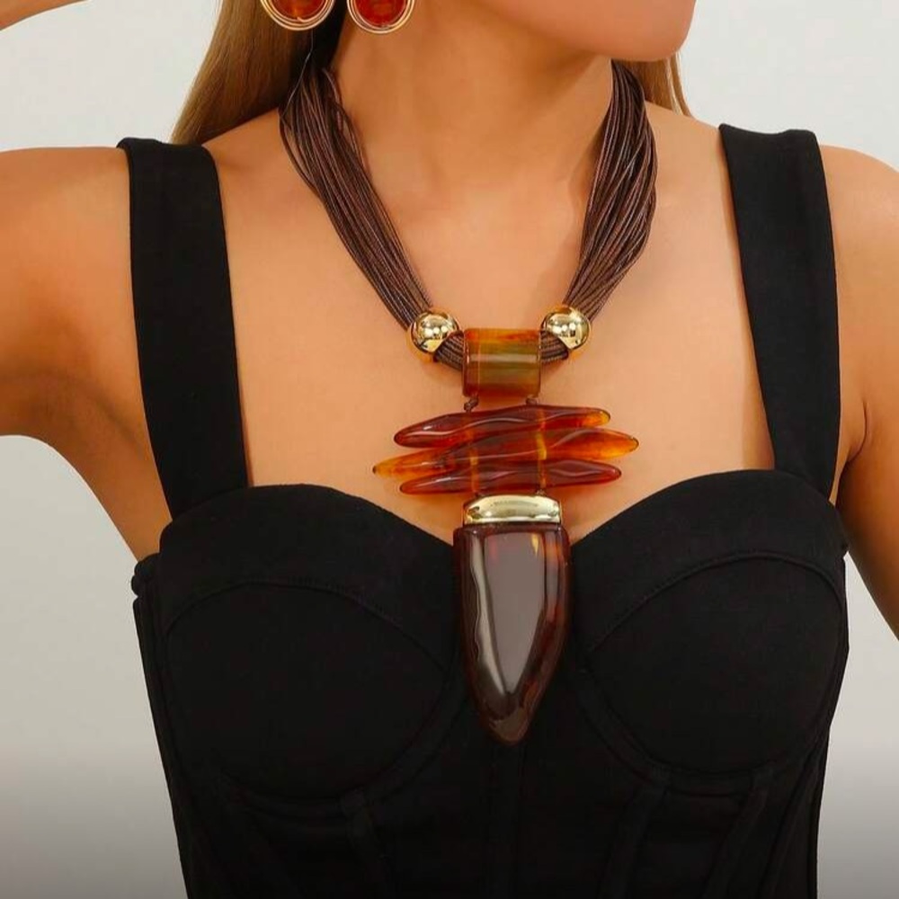 Statement Amber Resin Pendant Necklace - Brown